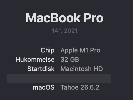Cropped macOS device-information card showing MacBook Pro, 14-inch 2021, Apple M1 Pro, 32 GB memory and macOS Tahoe 26.6.2. The serial-number row is covered by a solid redaction.